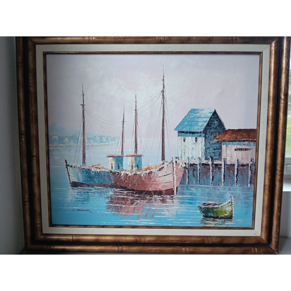 MCM Original KESWICK Oil Painting Fishing Boats in Harbor PINK SKY Calm Nautical - Picture 2 of 12